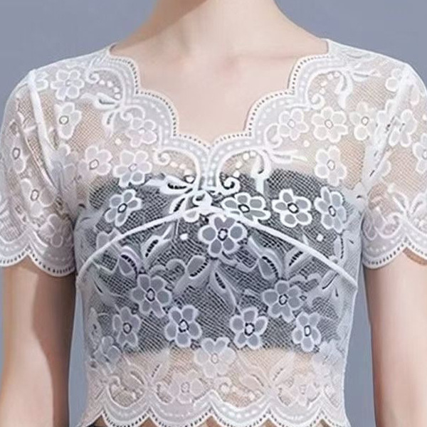 Elegant V-neck lace cropped top paired with a skirt and a sheer inner layer to prevent wardrobe malfunctions.