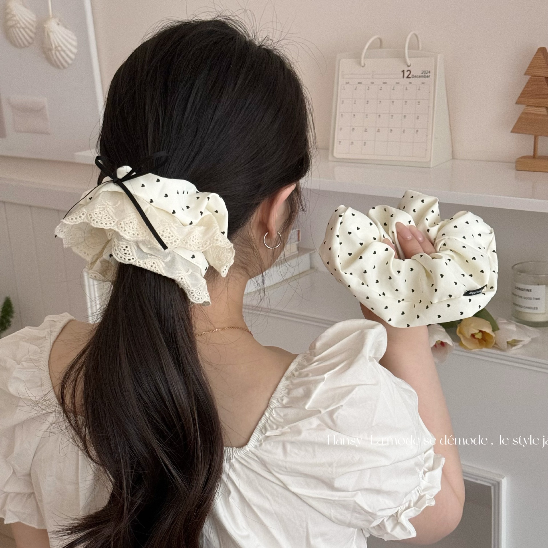 milky white love polka dot large intestine hair ring oversized headdress flower low ponytail high-grade sense hair accessories hair ring hair rope hair accessories