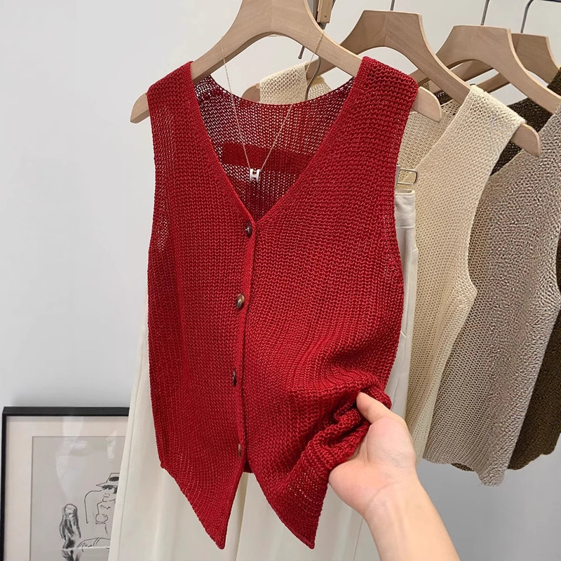 Tweed Style Sleeveless Outer Wear Red Cut Out Vest T-Shirt Vest Women's Summer 2025 New Unique and Beautiful Top
