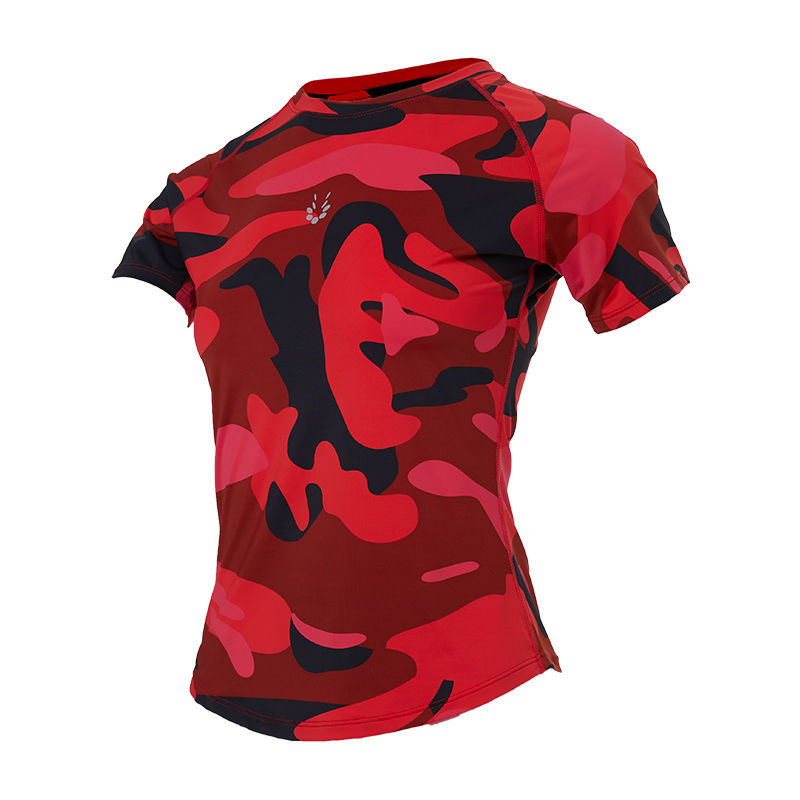 Ropa de ejercicios desnuda para mujeres delgada helada de cuello redondo con mangas de hombro para correr camiseta deportiva delgada ropa de yoga roja en línea