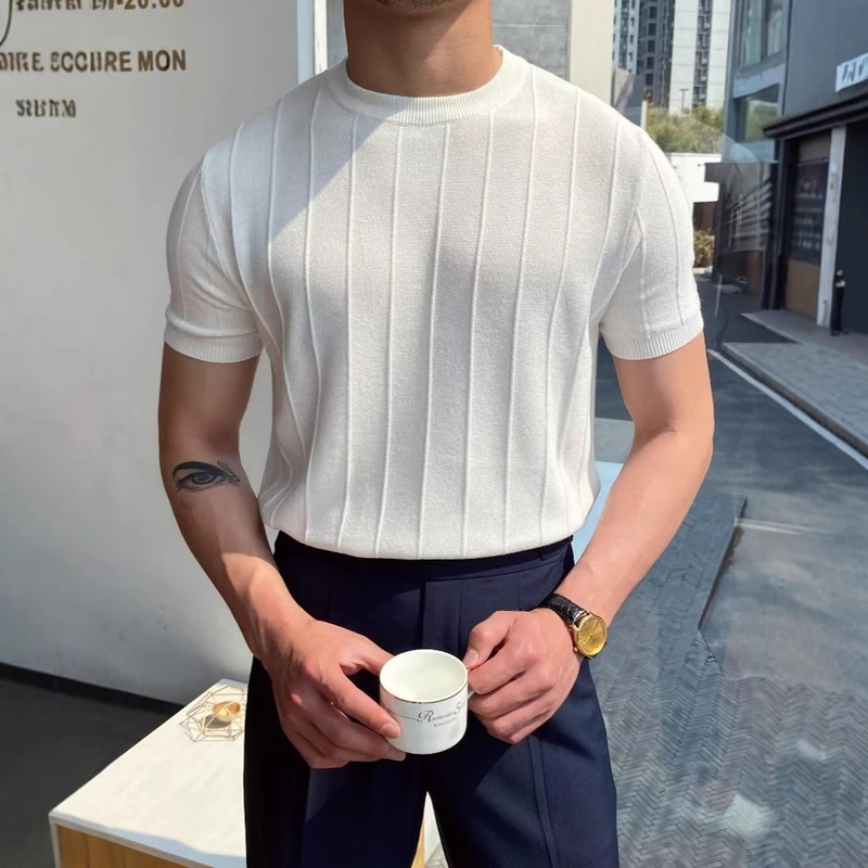2025 Light Mature Knitted T-Shirt Men's Summer New Round Neck T-Shirt Half-Sleeved Men's Short-Sleeved Thin Korean Style Bottoming Shirt 2025 Light Mature Knitted T-Shirt Men's Summer New Round Neck T-Shirt Half-Sleeved Men's Short-Sleeved Thin Korean Style Bottoming Shirt