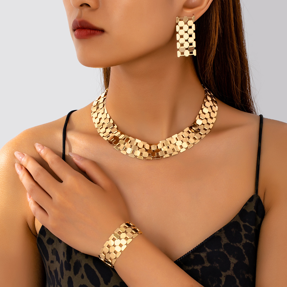 New Independently Developed Cross-Border European and American Ins-Style Geometric Patchwork Chunky Bracelet Necklace Earrings with a Luxurious Look