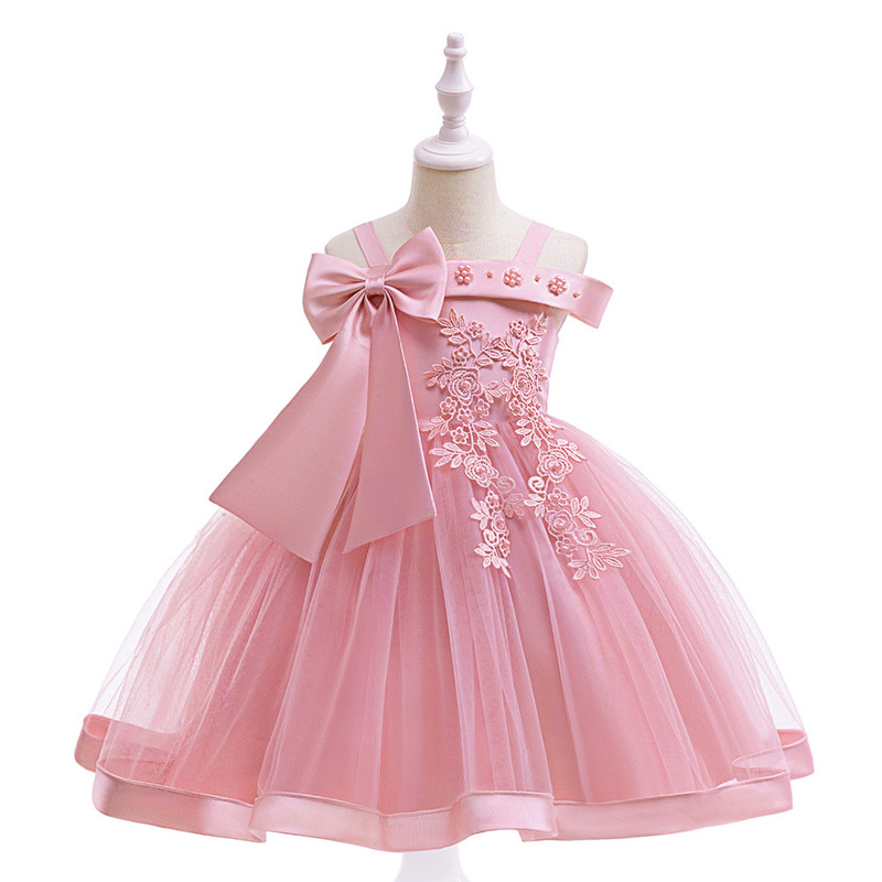 European and American Foreign Trade Children's Dress Piano Performance One-Shoulder Evening Dress Girl's Show Performance Princess Bow Dress