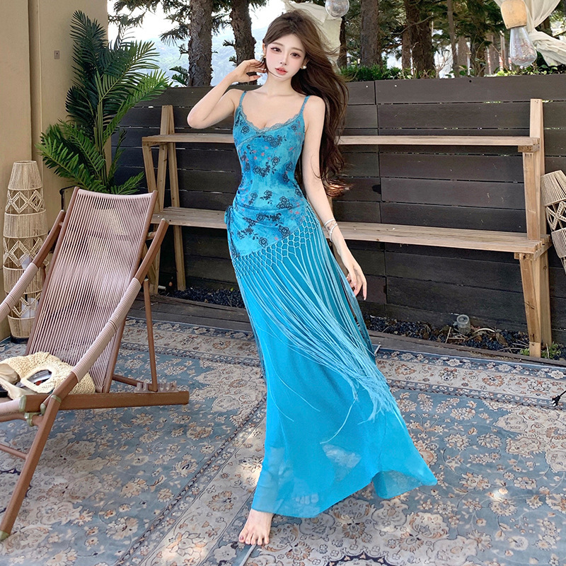 3001 European and American Cross-Border Foreign Trade Women's Clothing Seaside Vacation Dress, Cool and Elegant Style for Petite Women, Spaghetti Strap Long Dress