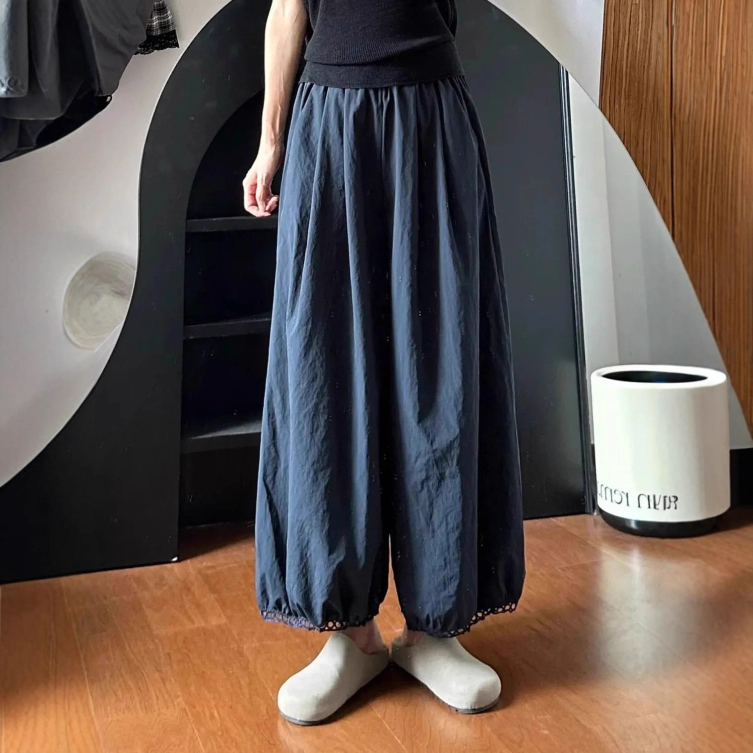 日系灯笼阔腿裤藏青色裤子夏季薄款大码胖mm显瘦小个子花苞九分裤