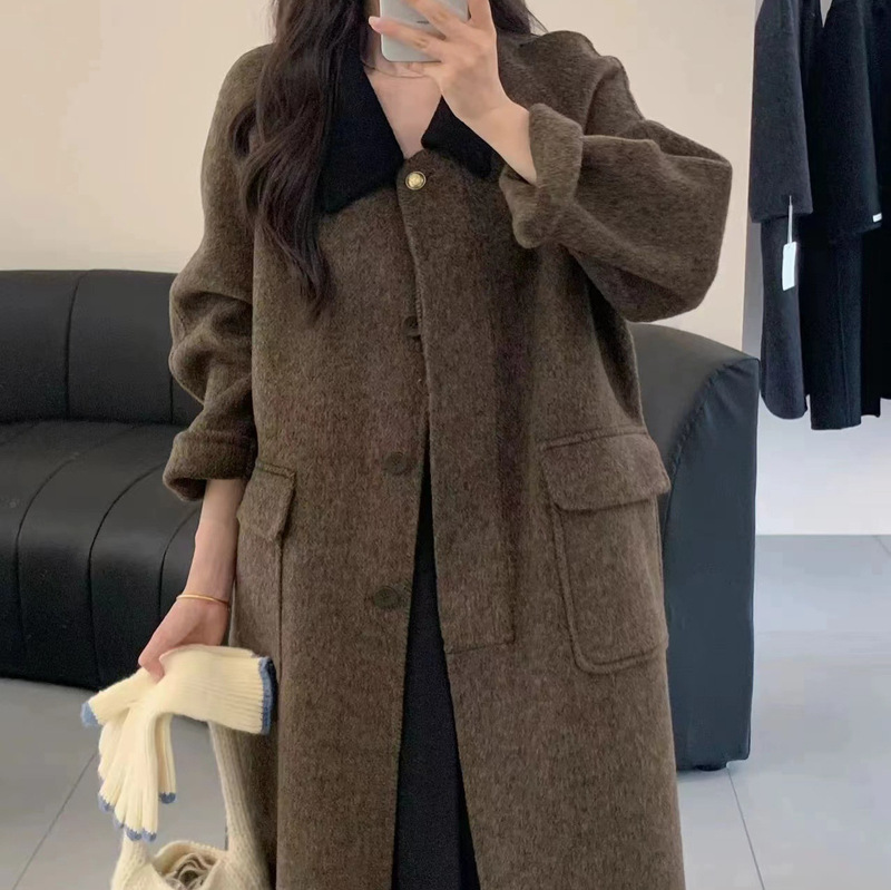 2025 New Style Spliced Collar Contrasting Herringbone Pattern Double-Sided Cashmere Outwear Korean Style Doll Collar Loose Wool Outwear for Women