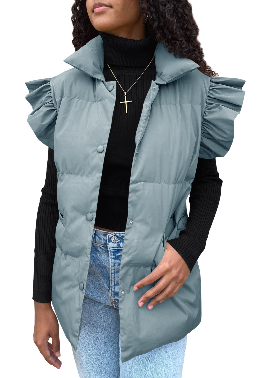 Grenzüberschreitende europäische und amerikanische Herbst- und Winterneuheiten mit lockerer Tasche und Baumwollpolsterung, fliegende Ärmel, elegante Weste, Stehkragen, Mode, Einreiher_voghion.com