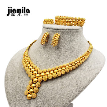 Middle East Dubai 24K Gold Plated Bridal Jewelry Set Indian Women Necklace Bracelet Ring Earrings Four Piece Set