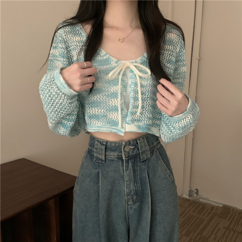 Vネックショートニット日焼け止めカーディガン女性用夏の新しいショール薄い中空ブラウスジャケット|undefined