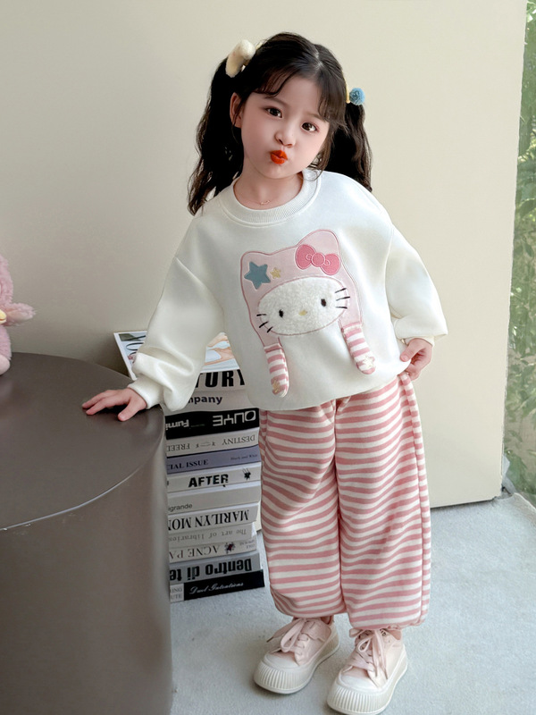 女童洋气套装春秋装2025新款女宝甜美卡通长袖卫衣条纹卫裤两件套|undefined