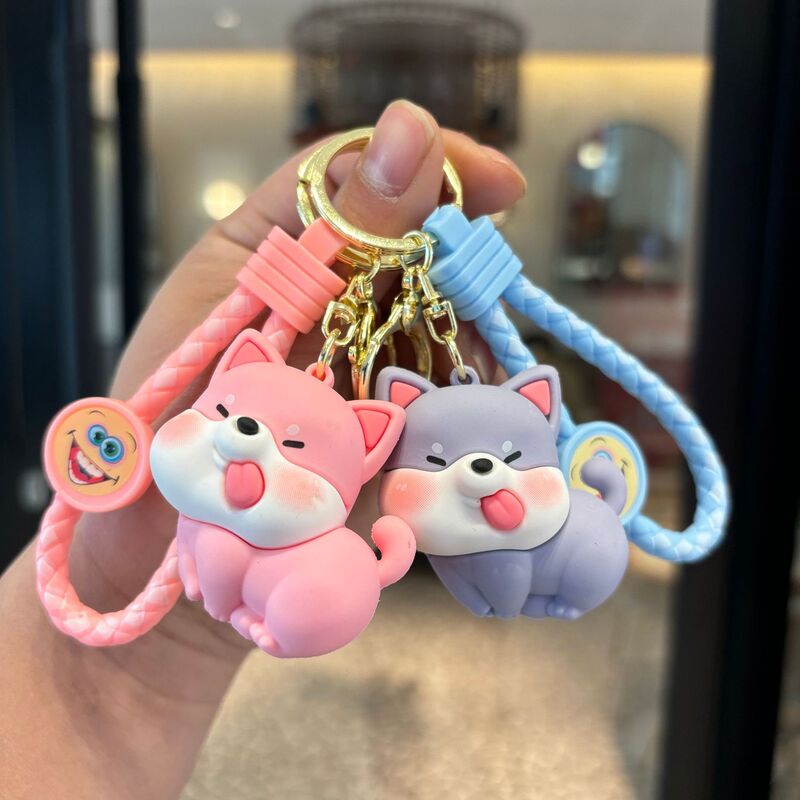 Cartoon small wood dog key chain pvc doll pendant couple cute key chain school bag car key ring gift Cartoon small wood dog key chain pvc doll pendant couple cute key chain school bag car key ring gift