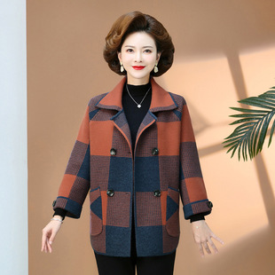 2024 Autumn and Winter Middle-aged Women's Top Middle-aged Western Style Plaid Jacket New Mama Knitted Cardigan Jacket