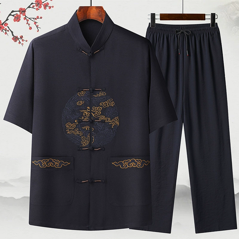 Тан костюм мужской хлопок и короткие рукава Летний средний и пожилой папа тонкий набор пожилой одежды китайский стиль дедушка летняя одежда