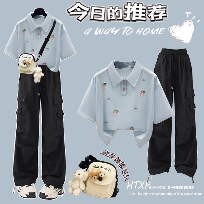 女学生短袖T恤夏季初中学生学院风甜美刺绣Polo衫洋气穿搭一整套|undefined