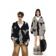 国潮复古小众原创设计高街针织开衫外套男女慵懒风宽松撞色毛衣潮