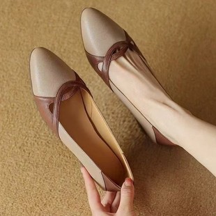Ju Good Wear French Soft Leather Color Matching Low Heel Shoes Women's 2025 New Pointed Shallow Mouth Leather Shoes All-match Milk Shoes