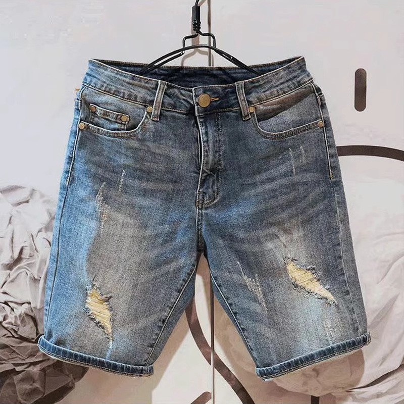 Men's Korean-Style Ripped Loose Denim Shorts, Summer Thin Casual Mid-Length Shorts, Vintage Distressed Shorts