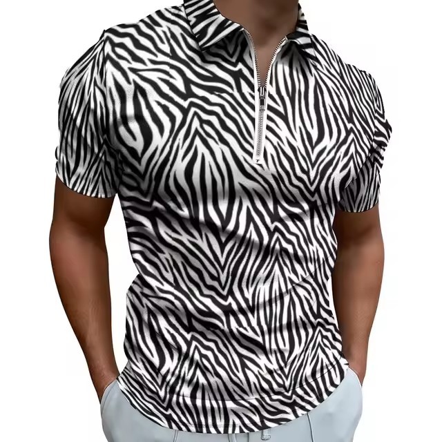 Camisa POLO con cremallera de manga corta suelta y transpirable con estampado 3D de graffiti a rayas irregulares de colores personalizados para hombres