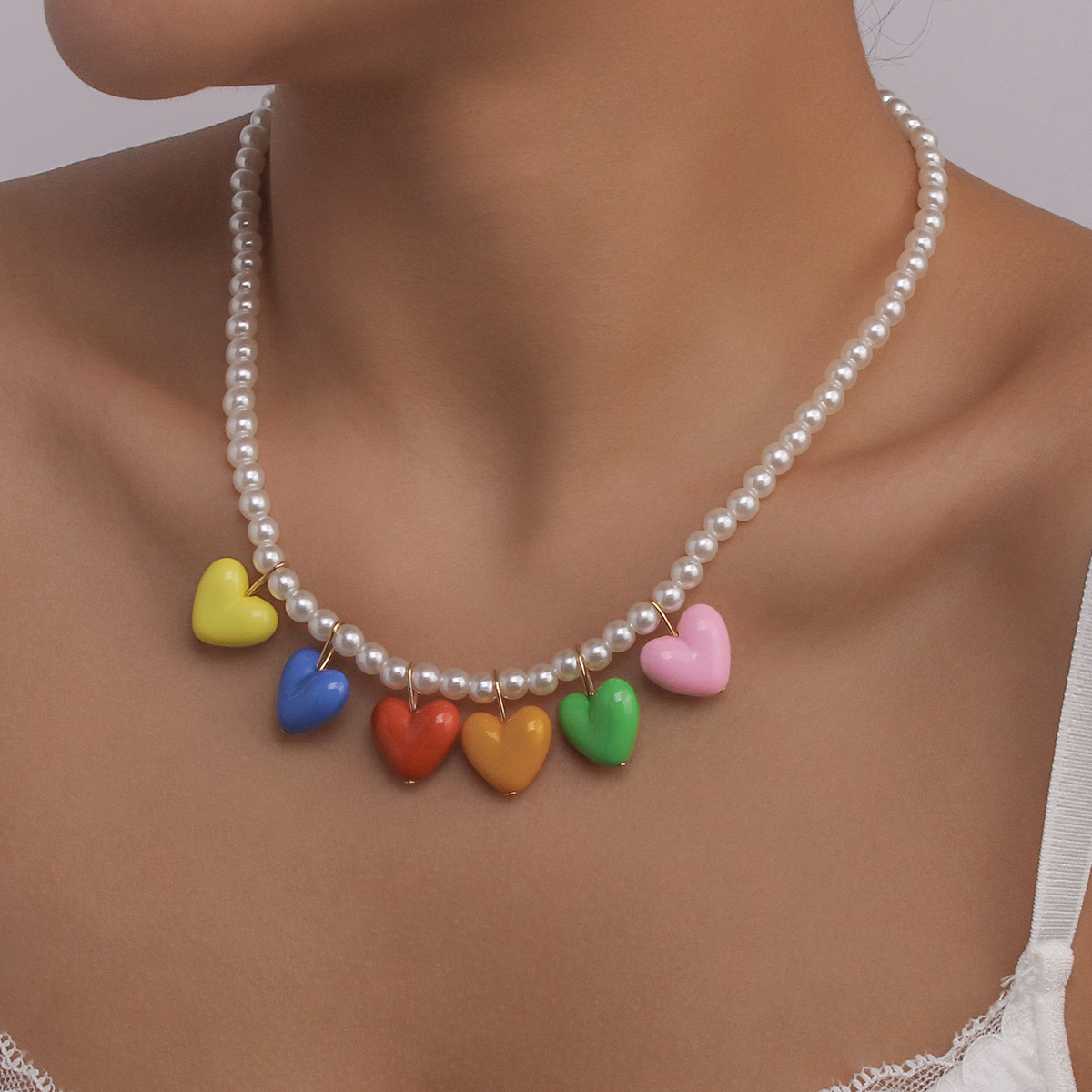 simple Rainbow Heart Pendant Pearl Necklace