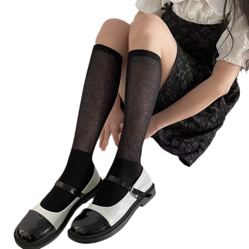 Summer thin Japanese cute brand black socks, mid-length