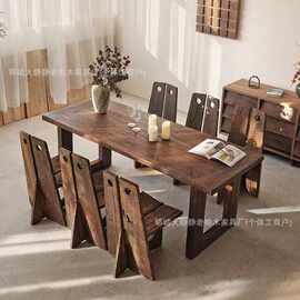 侘寂风老榆木餐桌民宿酒店实木长条桌复古做旧餐桌椅实木会议桌