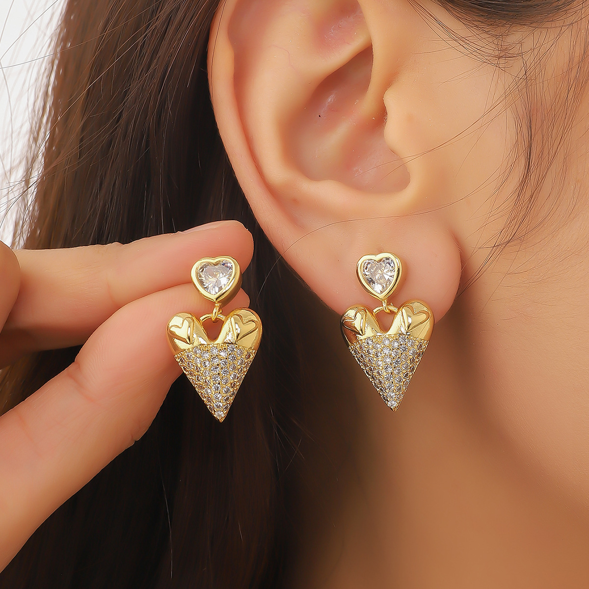 Heart Shape Pattern Women's Gender Inlay Design 1 Pair Simple Style Commute Heart Shape Inlay Copper Rhinestones Drop Earrings