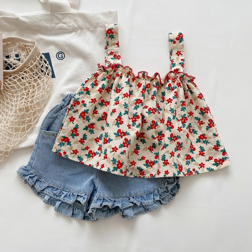 Ladycamisole set with floral pattern trendy camisole + denim shorts two-piece set for young children summer attire with straps