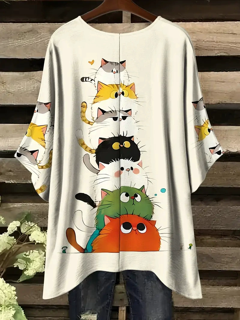 Футболка plus-size с мультяшными котами, оверсайз европейского стиля, 1XL–5XL, бежевый и цветной