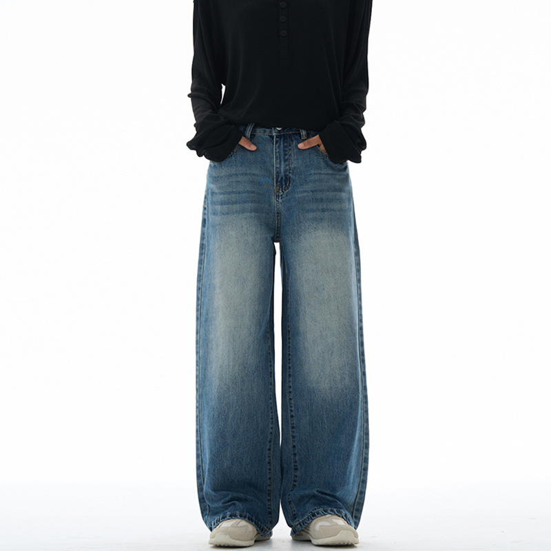 LKTM hombre americano clásico versátil lavado con agua gato barba jeans hombre y mujer vintage pantalones de piernas largas sueltas