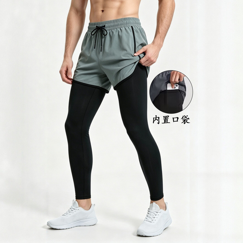 European size men's faux two-piece sports pants, summer basketball training leggings, breathable, tight-fitting, running and fitness long pants
