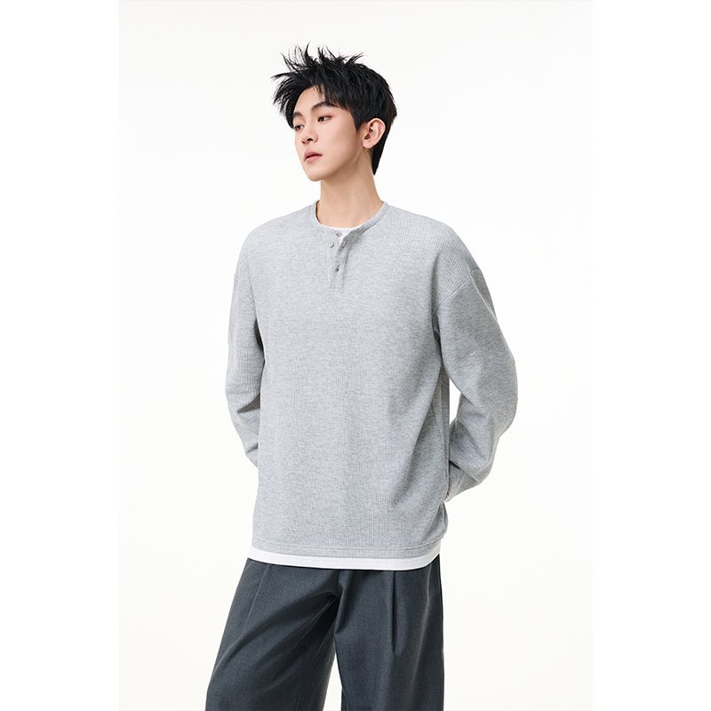Hong Kong Style Trendy Henley Collar Long-Sleeved Top for Teen Men - 2026 Spring/Autumn New Casual Versatile Base Layer