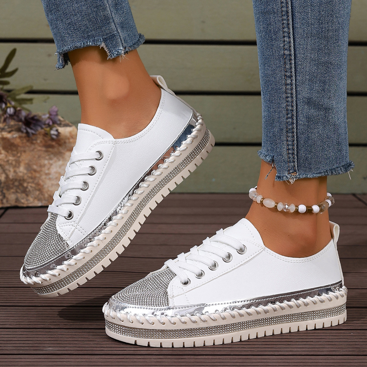 Modieuze dames plateau loafers met strass witte schoenen_voghion.com