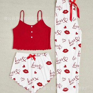 2025 New Home Wear Heart Printed Button Pajamas Suspenders Shorts Pants Three-Piece Home Set 7704