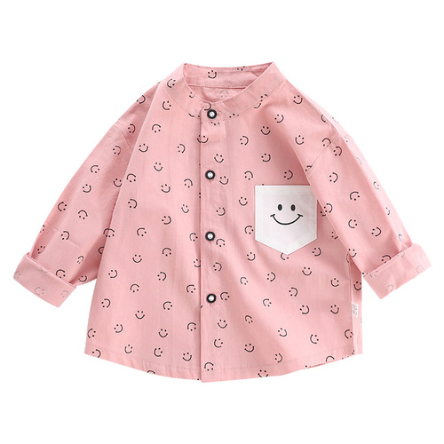 儿童长袖衬衣中小女童长袖衬衫宝宝春款立领上衣小女孩笑脸娃娃衫