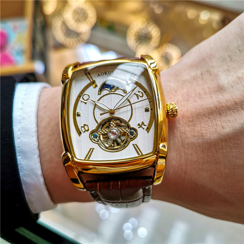 Ogulas reloj cuadrado de los hombres gran dial hueco transparente reloj mecánico automático de gama alta de cuero casual reloj de los hombres