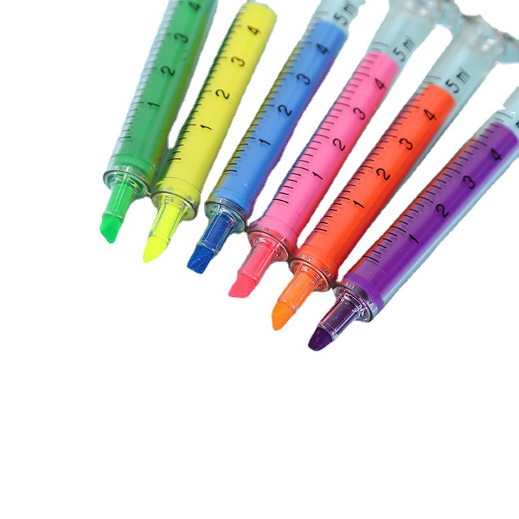 Al por mayor de dibujos animados lindo divertido oblicua cabeza resaltador creativo estudiante aguja tubo jeringa niños color marcado pluma