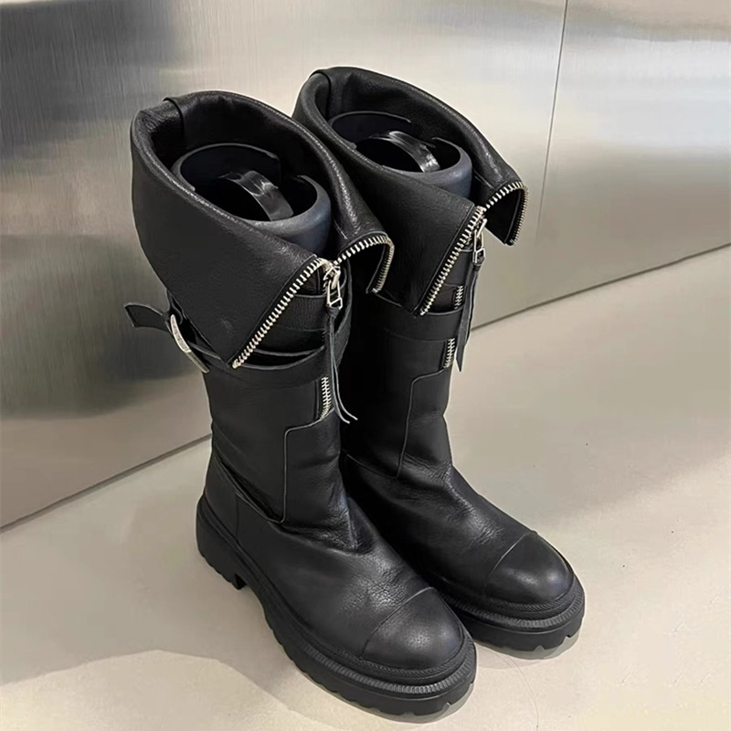 Women's Martin Boots, Made Of Genuine Leather, Knee-high Design, With Belt Buckles, Thick Soles, Suitable For Motorcycle Riding, High-top Style._voghion.com