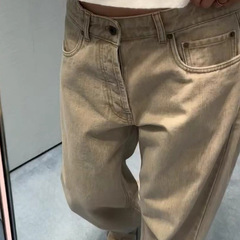 秋の女性用カーキジーンズ、和風カジュアル、ハイウエスト、ゆったり、ワイドレッグ、ストレートレッグ、足を長く見せるフロアレングスパンツ