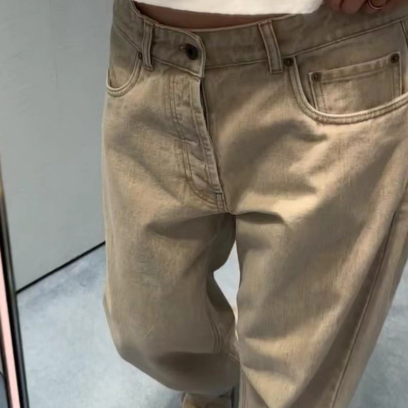 Khaki Jeans for Women in Autum, Japanese Style Style Casual High-Waisted Loose Wide-Leg Drapedy Straight-Leg Floor-Length Pants That Show Your Legs Longer