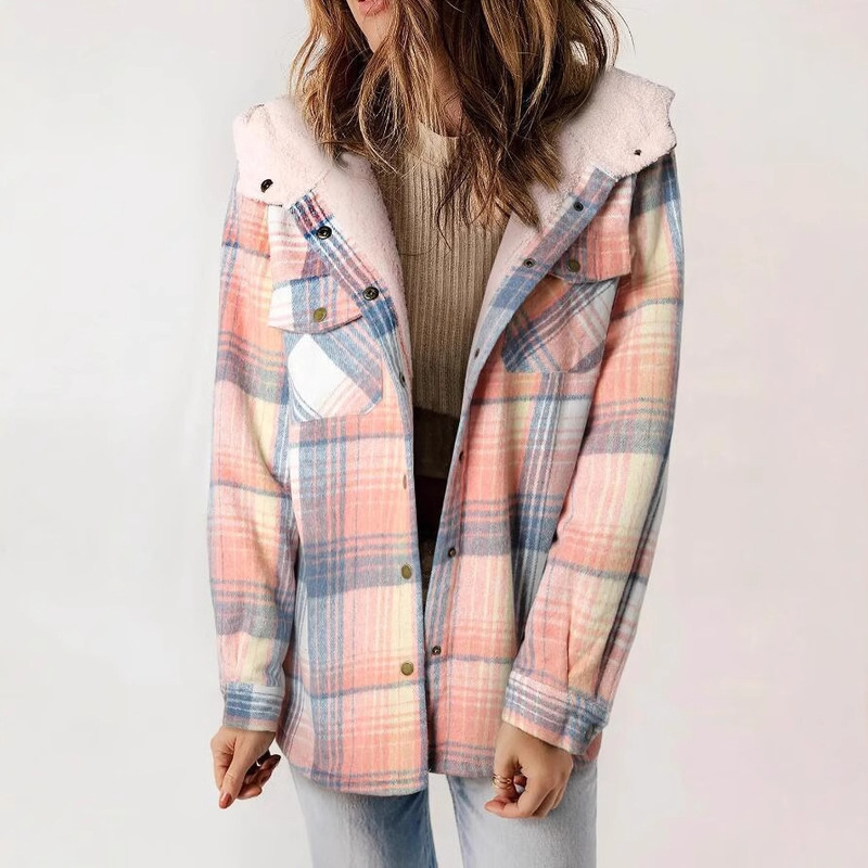 2024 European and American Amazon Autumn and Winter Women's Plaid Jacket Long Sleeve Fluffy Hooded Jacket Jacket with Pocket