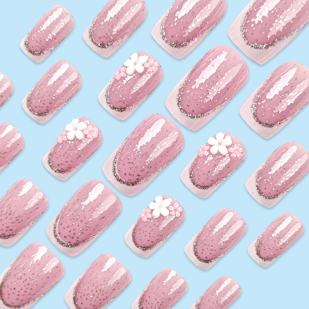 Cielo estrellado, borde blanco, uñas francesas, uñas, brillo, gradiente, uñas, venta caliente transfronteriza, flores tridimensionales, uñas