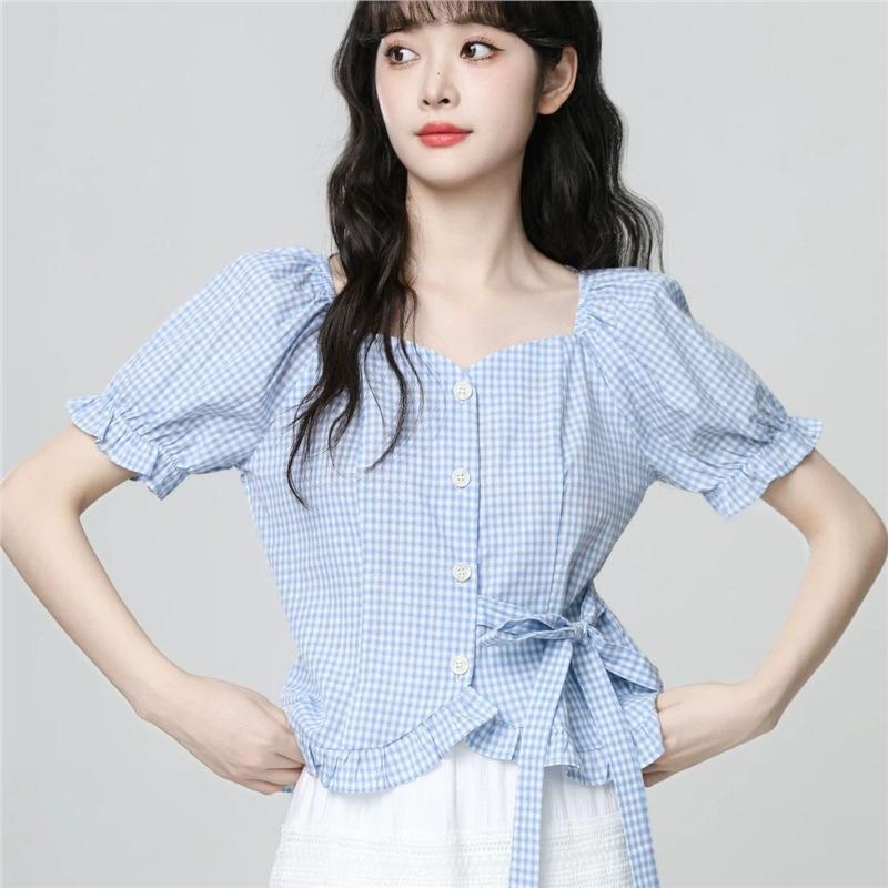 French-Style Blue Square-Neck Plaid Shirt for Women, Summer 2026 New Model, Puff Sleeves, Waist-Cinching Tie Shirt, Short Top