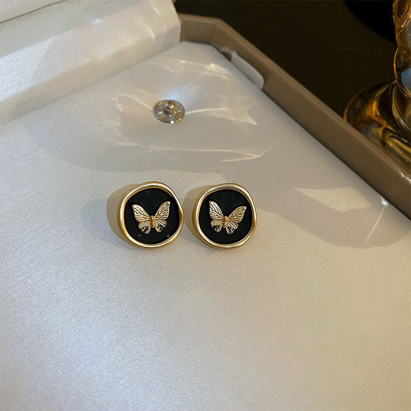复古蝴蝶耳钉女新款小众设计感秋冬黑色耳环女高级感饰品