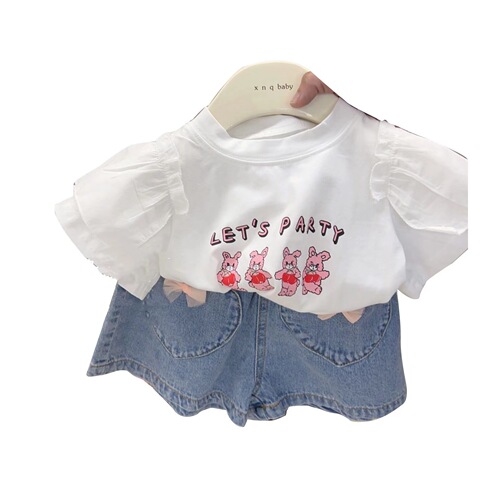 Girls Summer Clothes  New Korean Children's Cartoon Versatile Cotton Small Flying Sleeve Tops Fashionable Denim Shorts Trendy