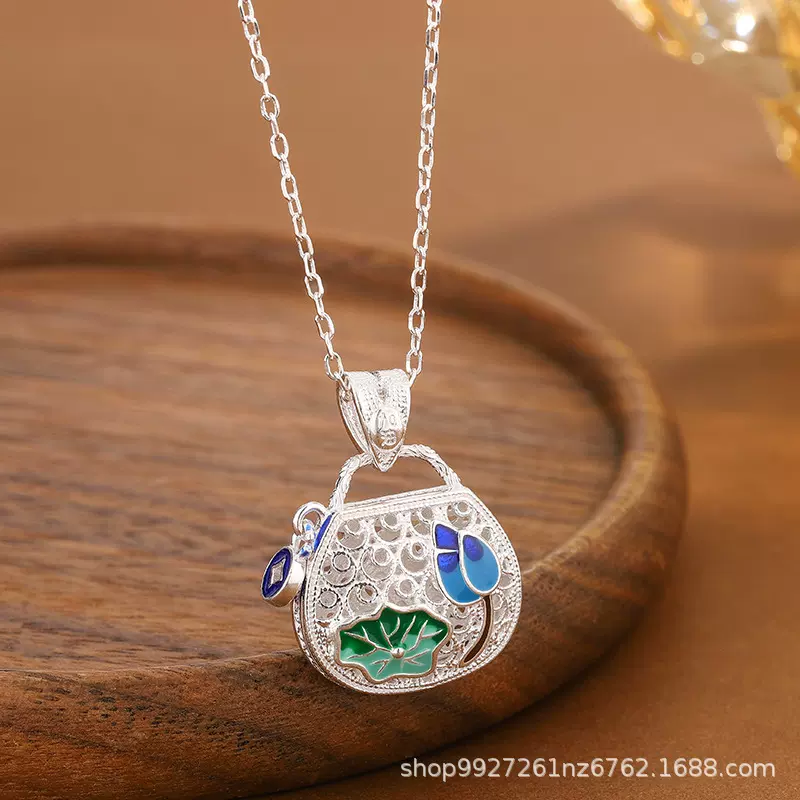 足银990国风镂空烧蓝滴釉新中式吊坠吉祥如意方牌挂件银配饰批发