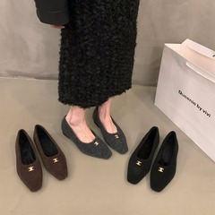 法式平底小香風加絨豆豆單鞋女鞋子2023新款秋冬季百搭外穿毛毛鞋