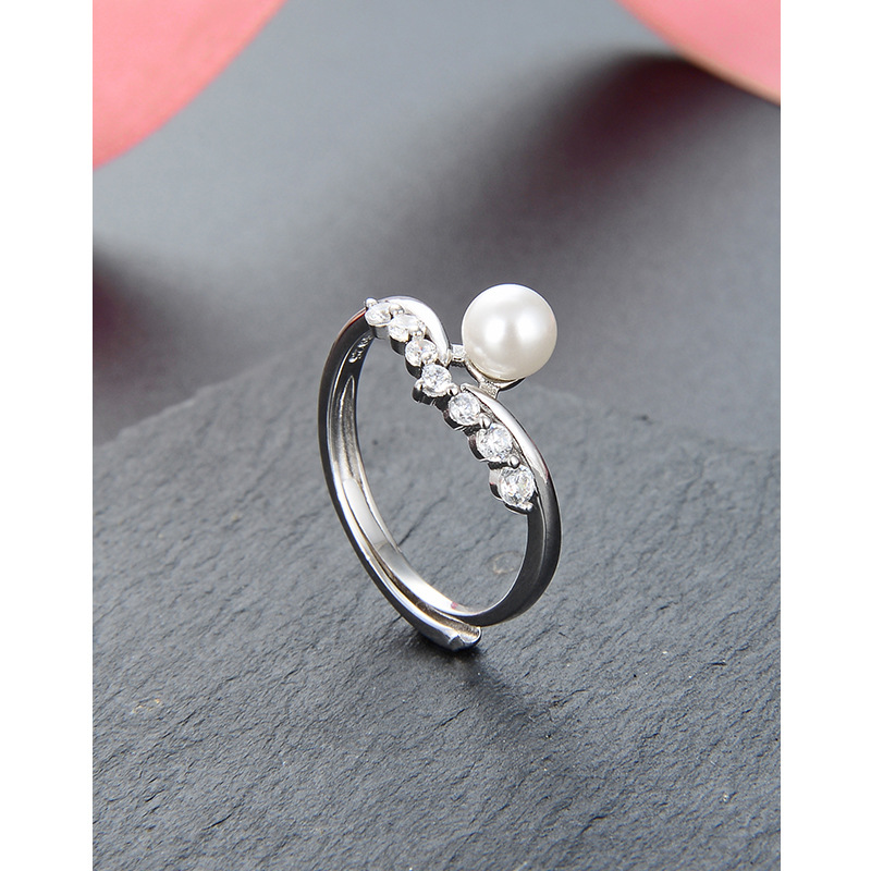 Estilo japonés y coreano Cruz-dulce elegante incrustaciones anillo de perlas hembra S925 plata esterlina de una sola fila diamante perla anillo abierto pulsera