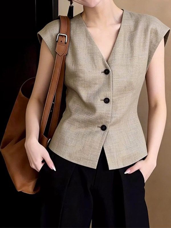 Áo vest gile nữ không tay công sở kiểu mới mùa xuân hè — màu kaki