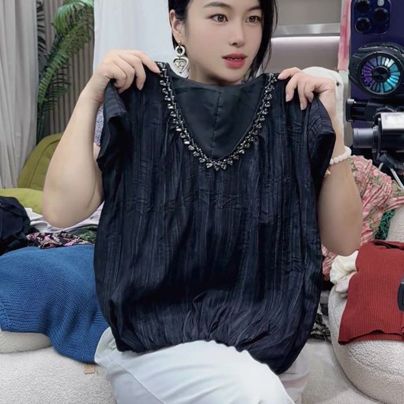 Fashion Heavy Beaded Summer New Design Diamond-Encrusted Loose Pleated Texture Flying Sleeve Shirt Women's Top