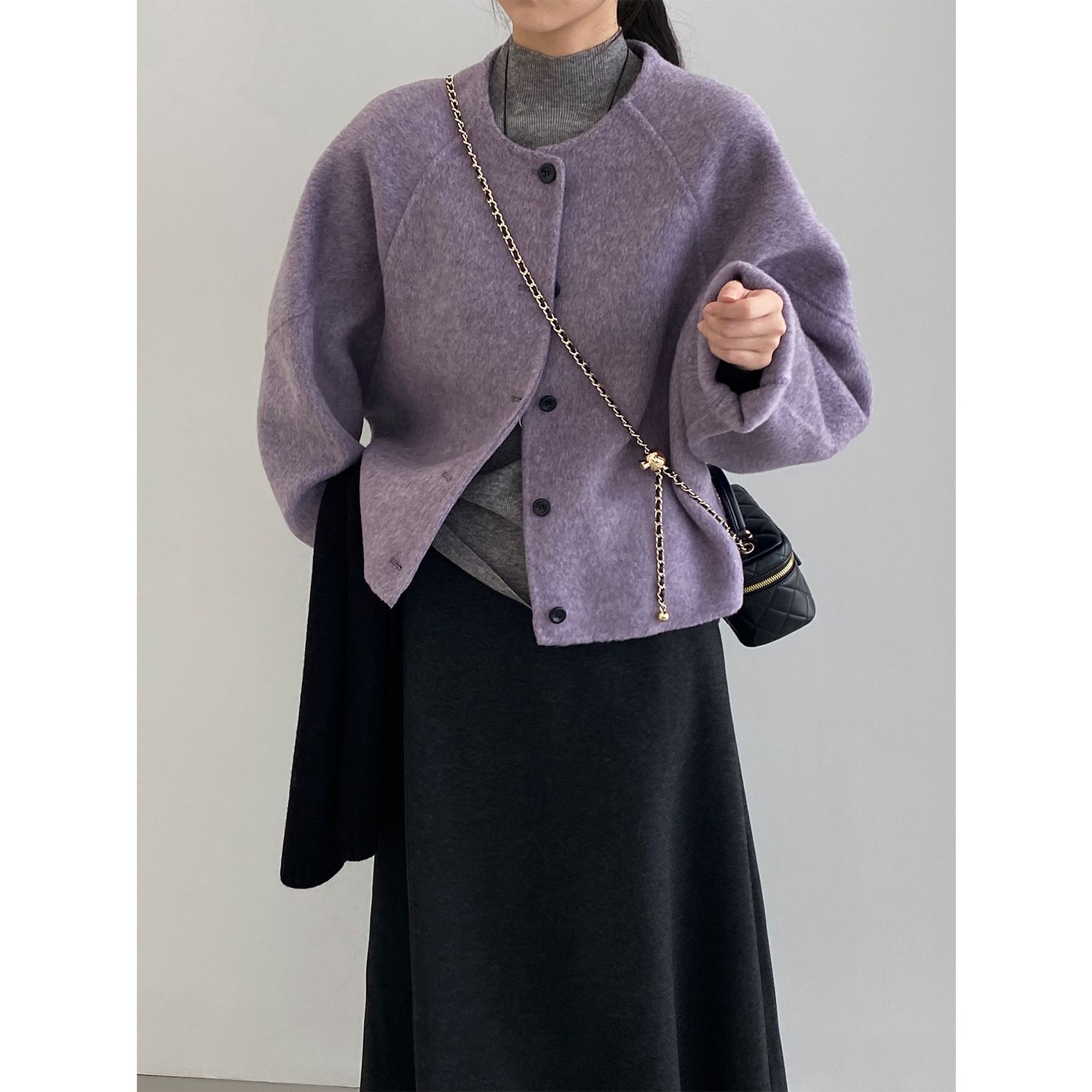 That's Such a Gentle Purple Coat~ Round Neck Wool Alpaca Double-Sided Wool Short Loose Outwear for Women A8561